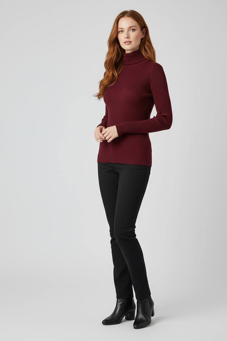 Nova modelo corpo completo em pose frontal com suéter vinho