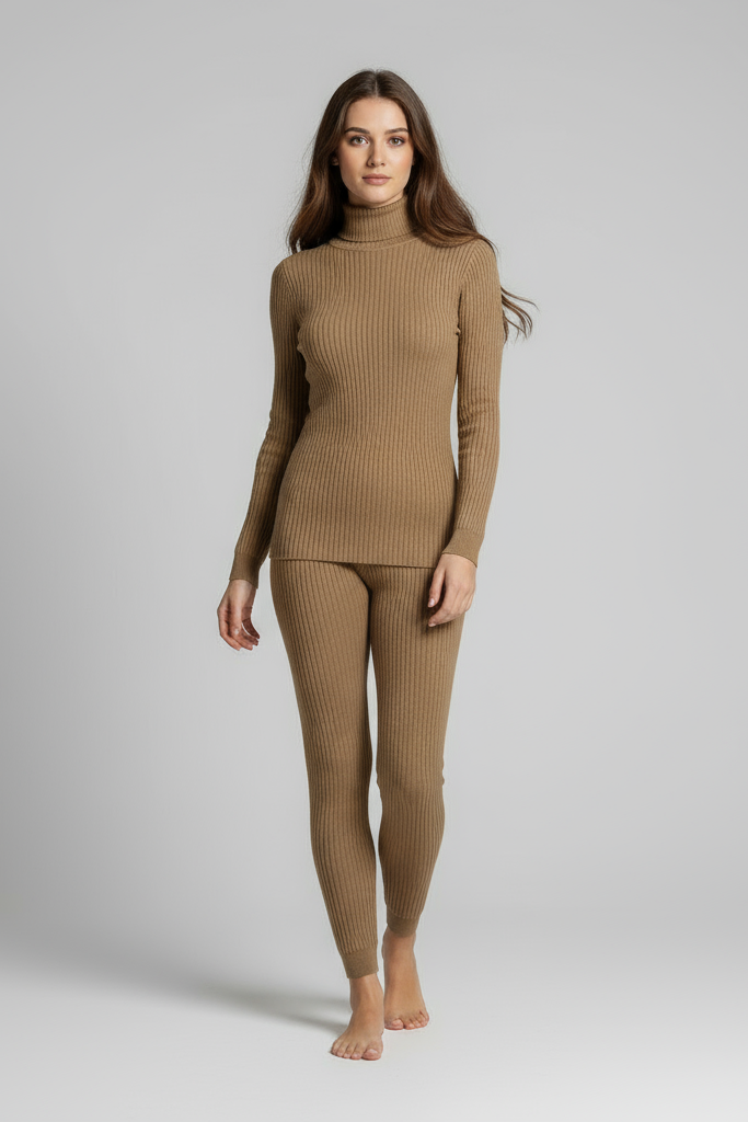 Modelo corpo completo de frente com suéter caqui