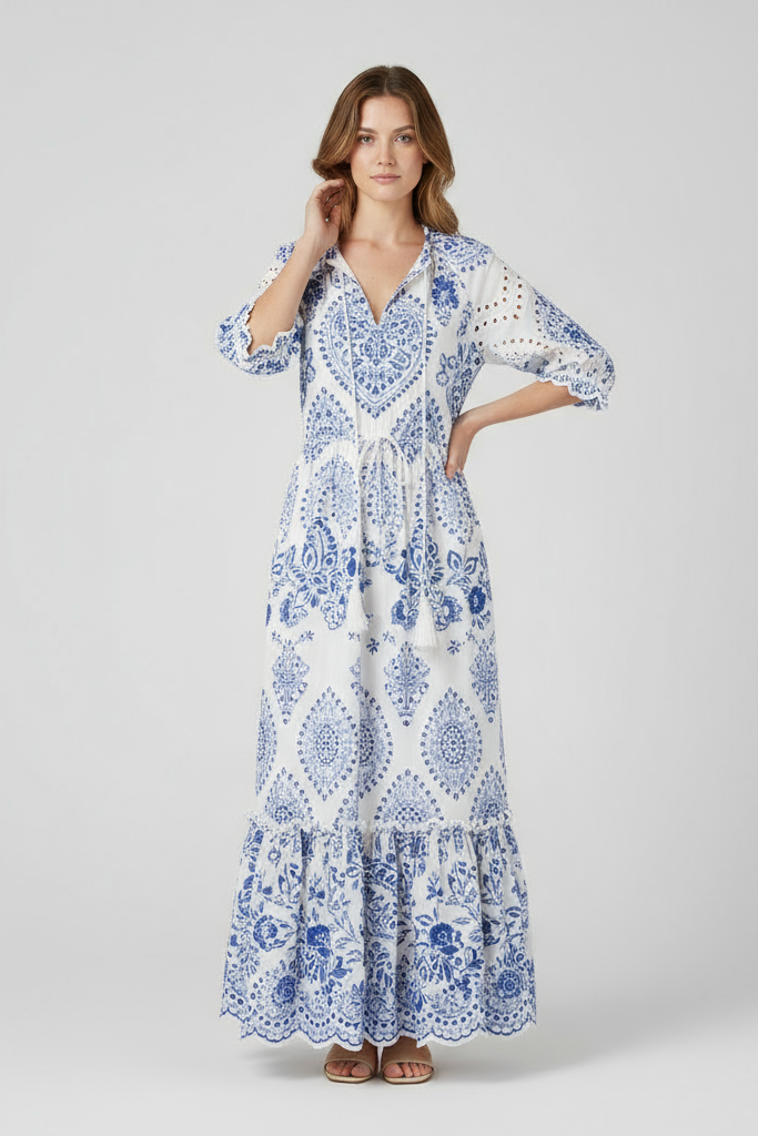 Modelo em pose alternativa - vestido azul