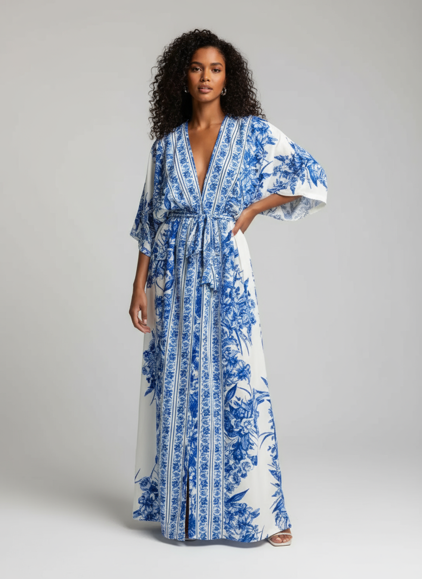 Mulher com rosto diferente usando vestido azul e branco em estúdio